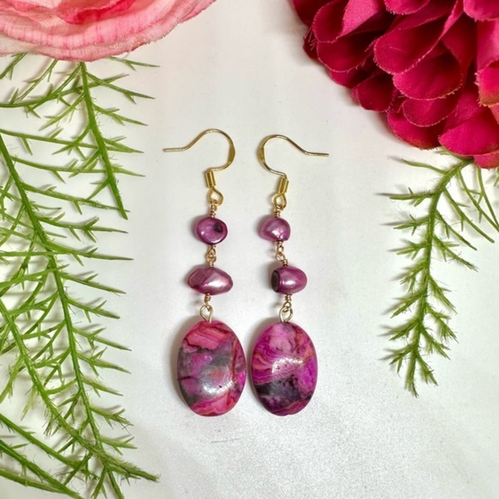 NEW⚜️Pink Agate & Freshwater Pearl Beaded Earrings - Picture 1 of 5